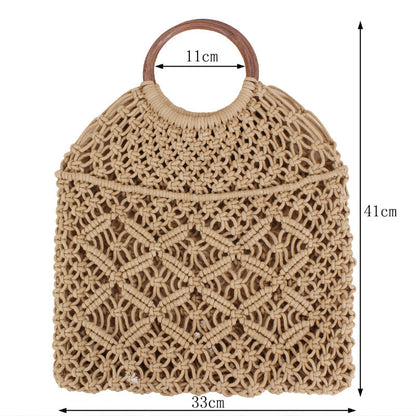 Solid Color Woven Tote Trendy Women Mori Straw Bag Degrees Handmade Cotton String Net Pocket Beach Bag