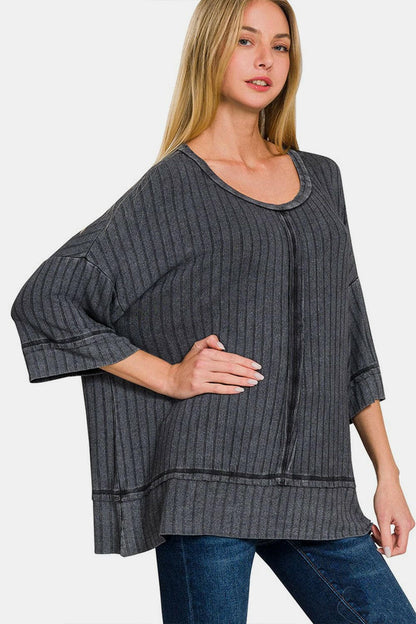 Zenana Washed Ribbed Drop Shoulder Half Sleeve Top with relaxed fit and ribbed texture.