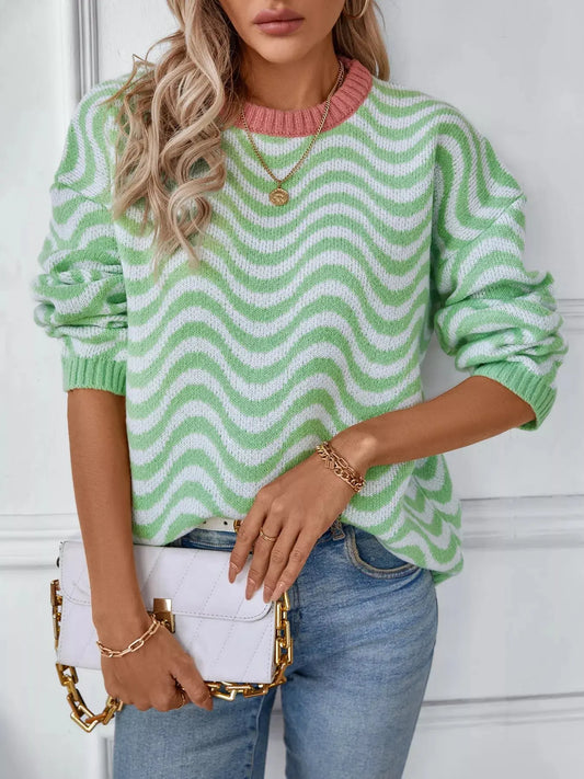 Wavy Striped Round Neck Sweater Simply Love