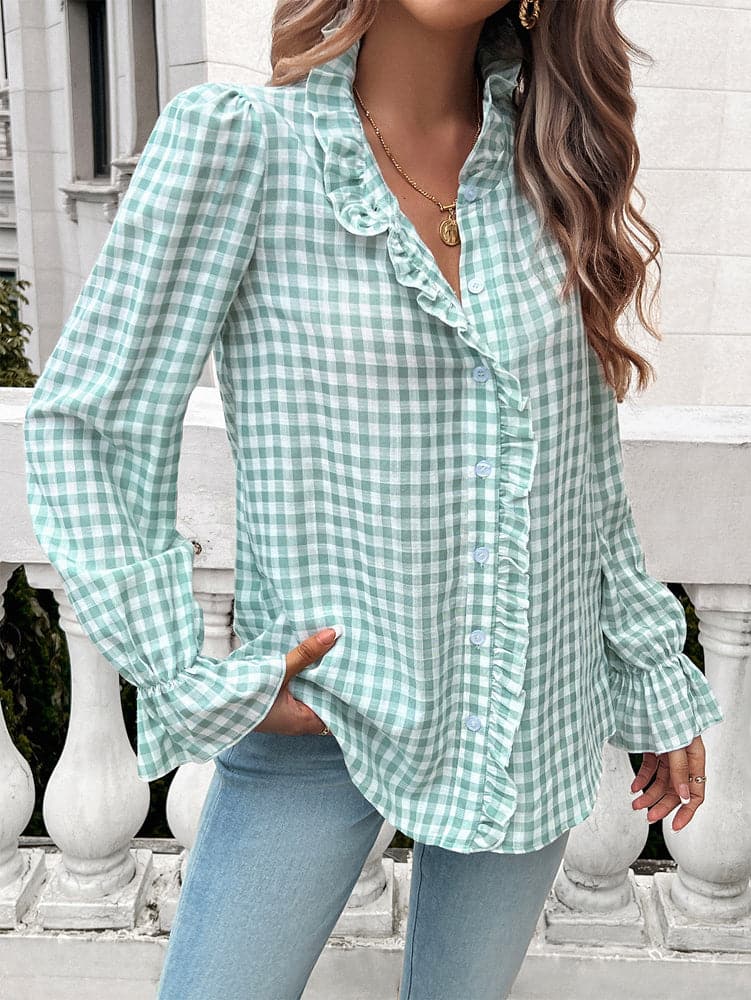 Frill Ruffled Plaid Long Sleeve Shirt.