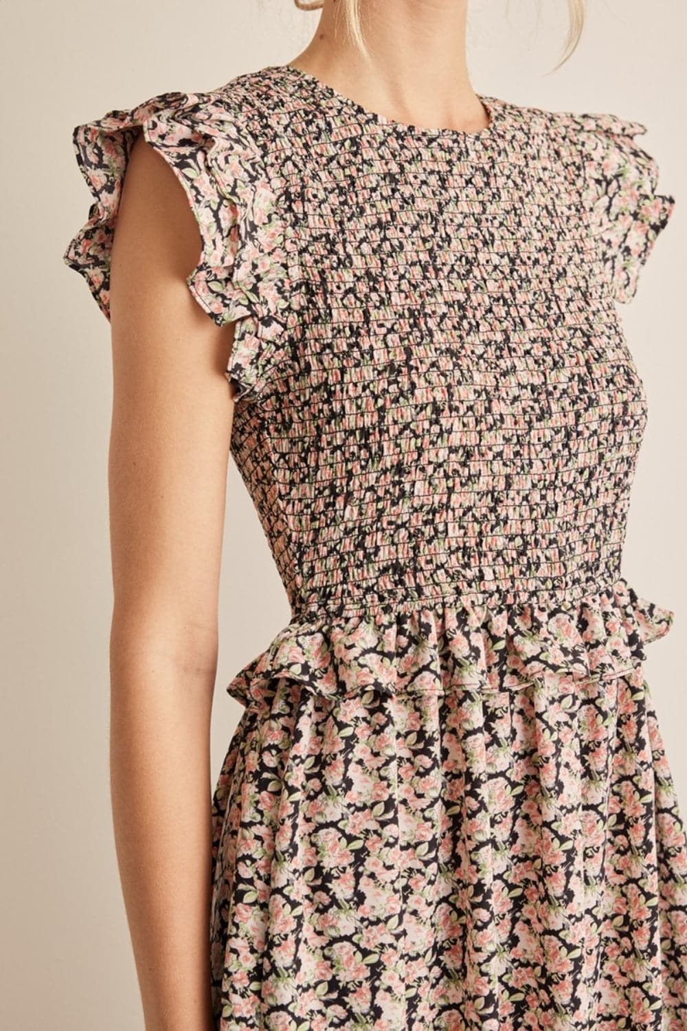 In February Floral Smocked Ruffled Midi Dress.