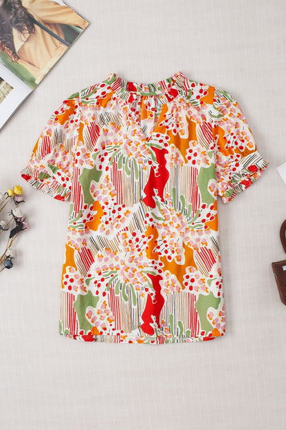 Printed Notched Short Sleeve Blouse.