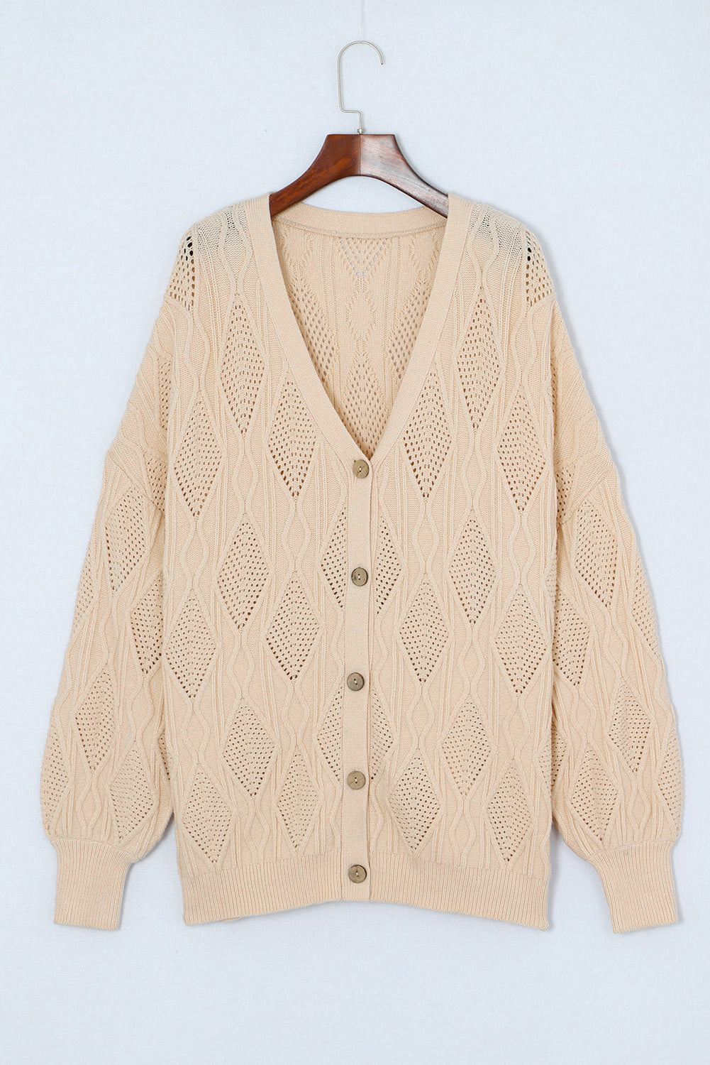 Chic apricot plus size knitted cardigan with hollow-out details