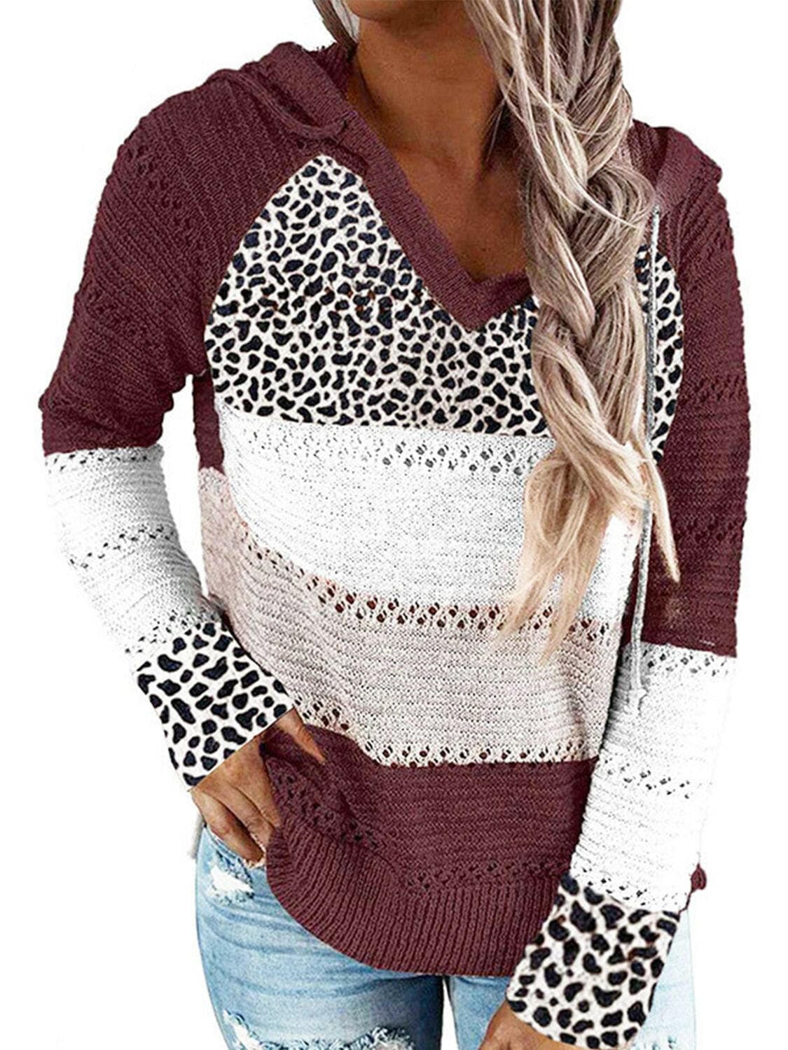 Full Size Openwork Leopard Drawstring Hooded Sweater.