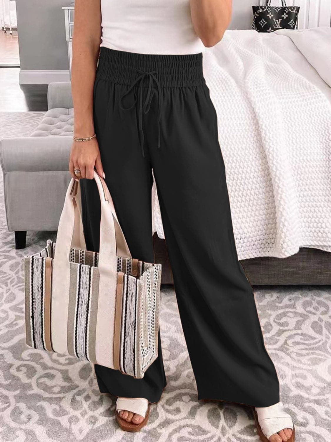 Full Size Drawstring High Waist Wide Leg Pants.