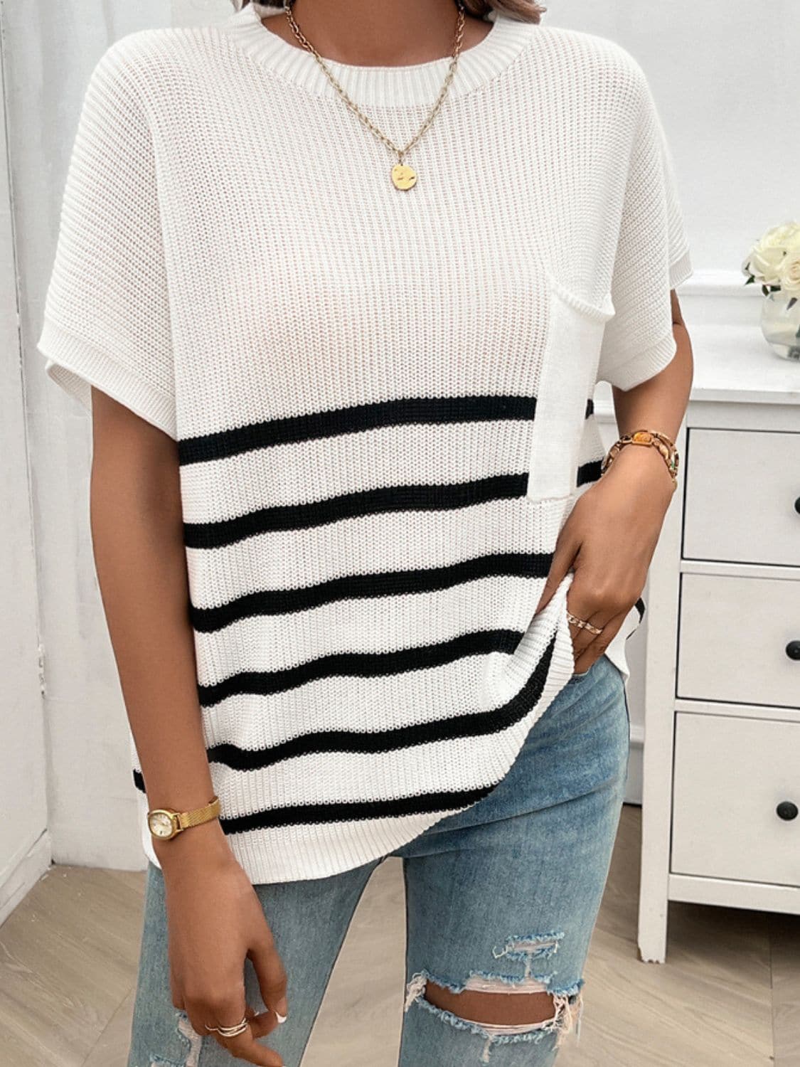 Striped Round Neck Short Sleeve Sweater.