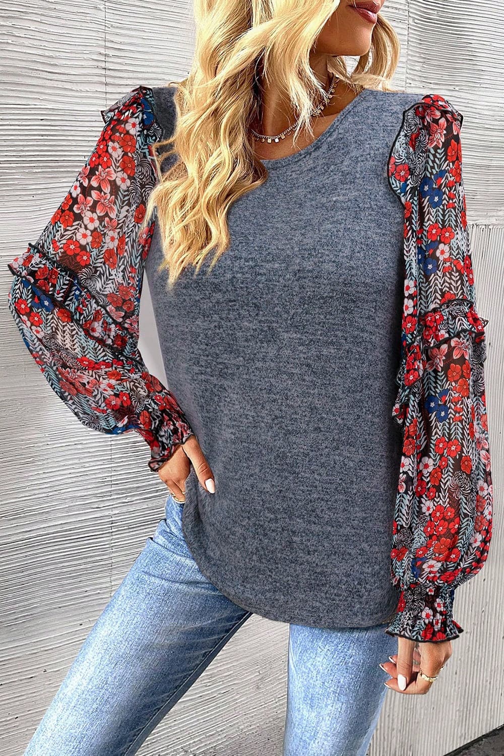 Heathered Floral Frill Lantern Sleeve Blouse.