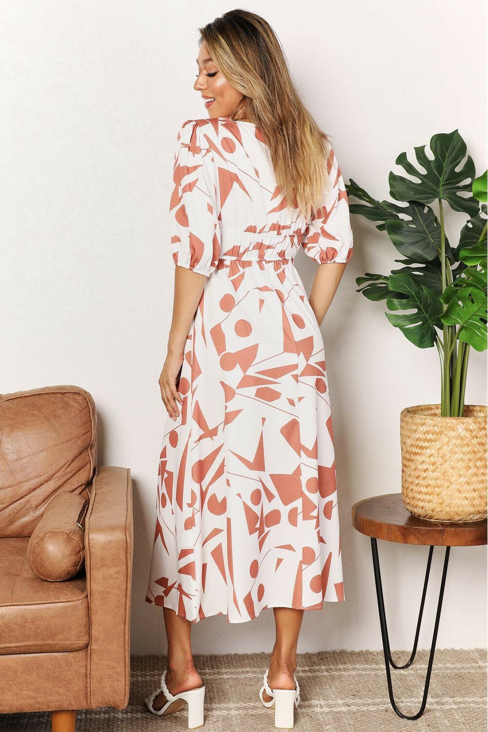 Printed Surplice Balloon Sleeve Dress.