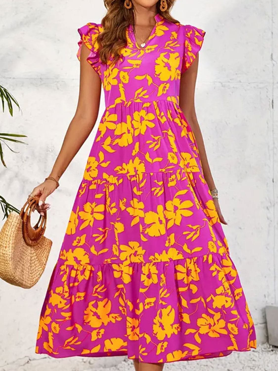 Chic Floral Midi Dress with Ruffles for Effortless Elegance