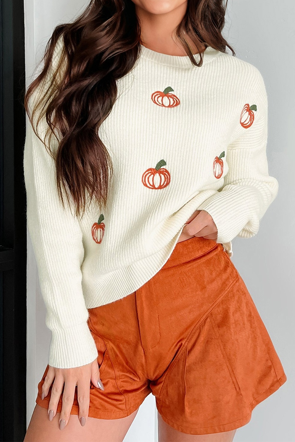 Beige Pumpkin Embroidered Ribbed Thanksgiving Sweater Dear-Lover Dropshipping