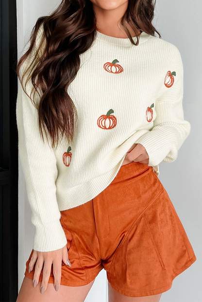 Beige Pumpkin Embroidered Ribbed Thanksgiving Sweater