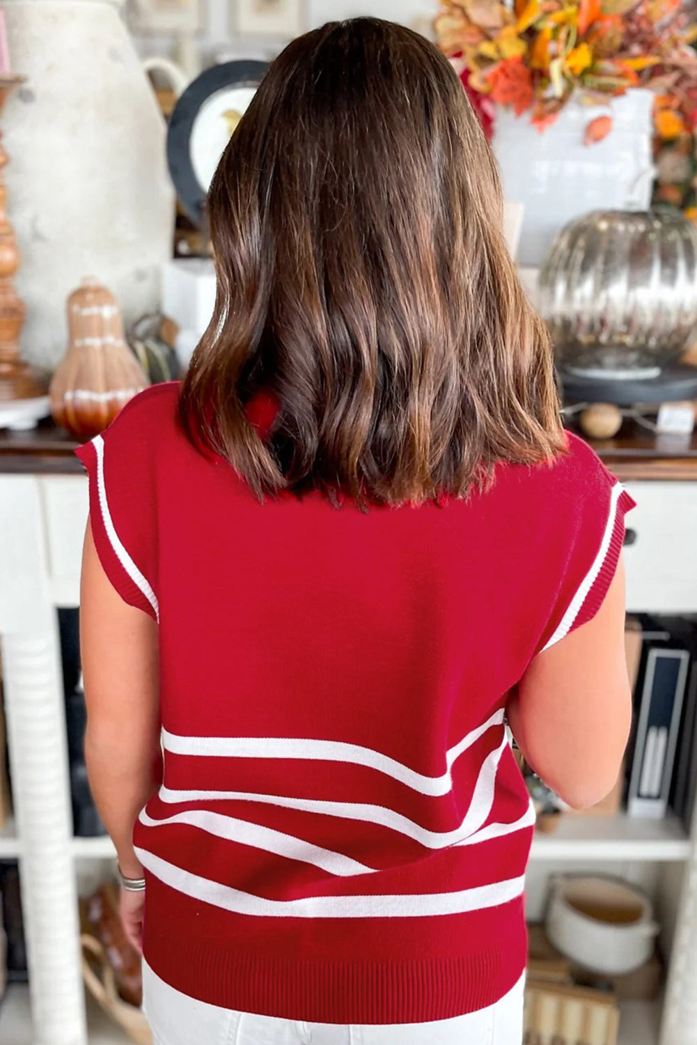 Fiery Red Quarter Zip Striped Detail Short Sleeve Sweater Dear-Lover Dropshipping