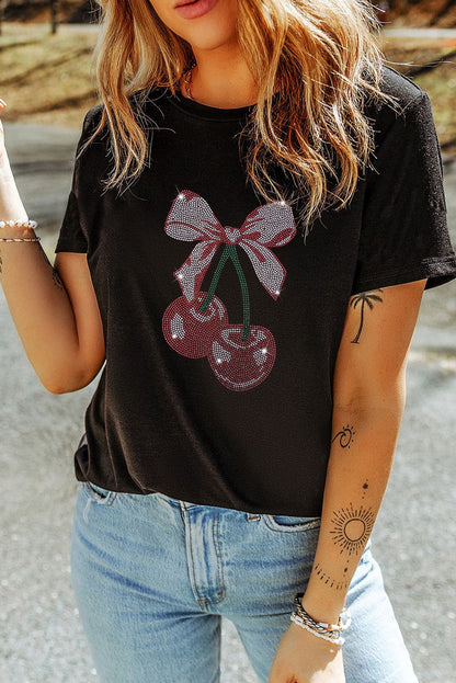 Cherry Graphic Round Neck Short Sleeve T-Shirt.