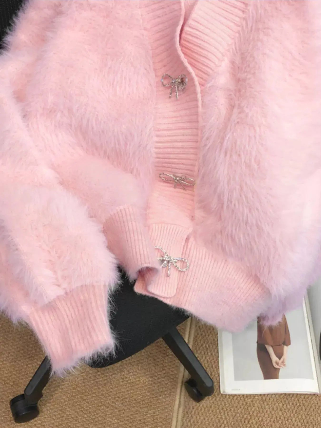 Fuzzy Bow Button Up Cardigan Simply Love