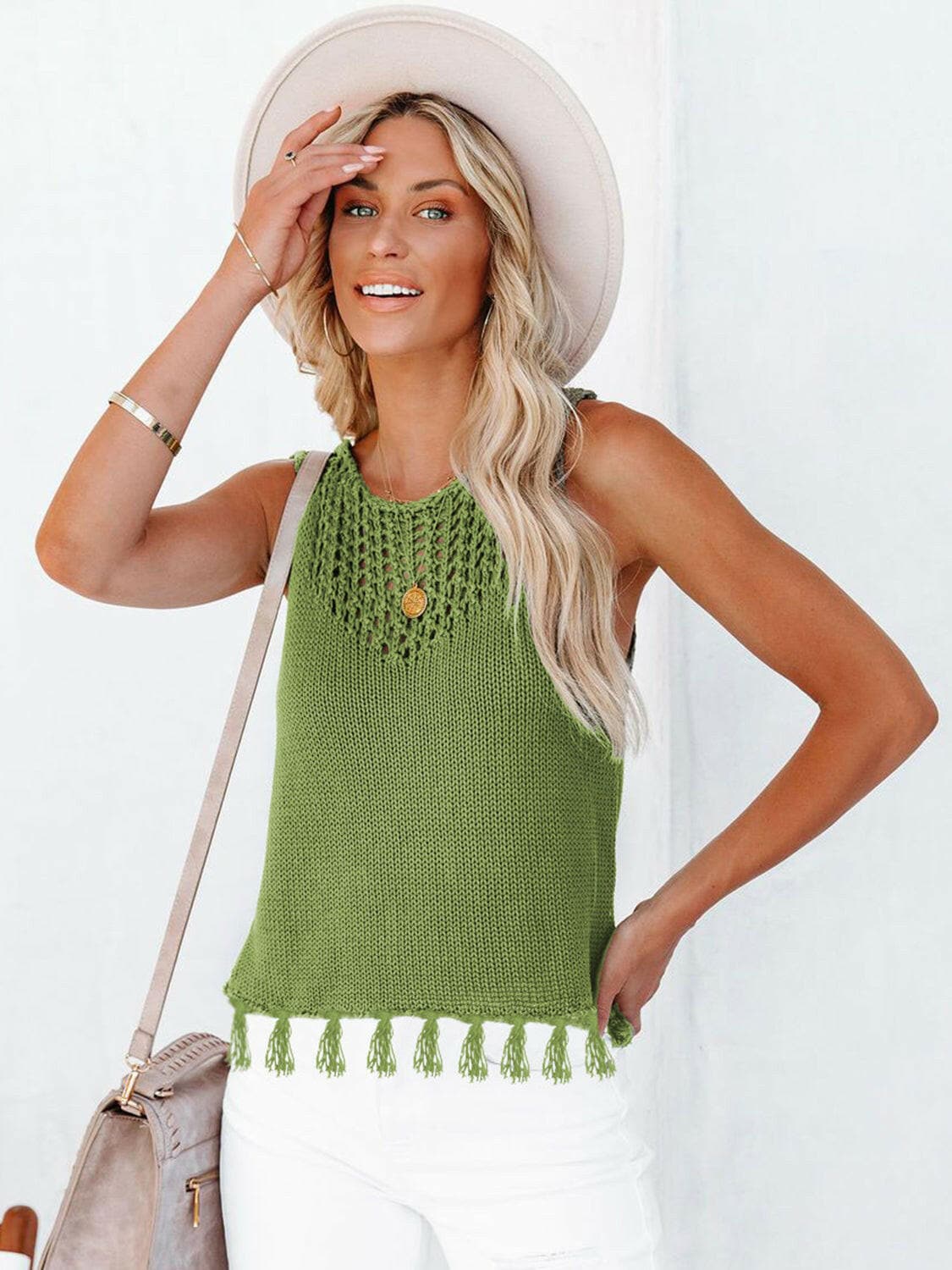 Cutout Tassel Round Neck Tank.