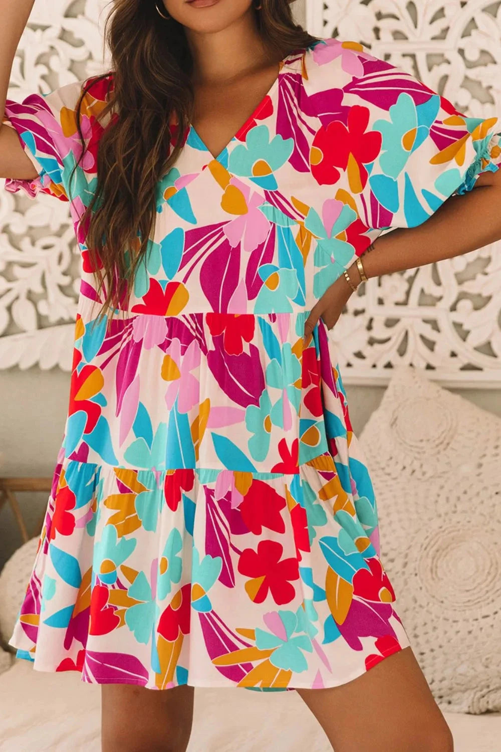 Floral Bubble Sleeve V Neck Tiered Ruffle Babydoll Dress Simply Love