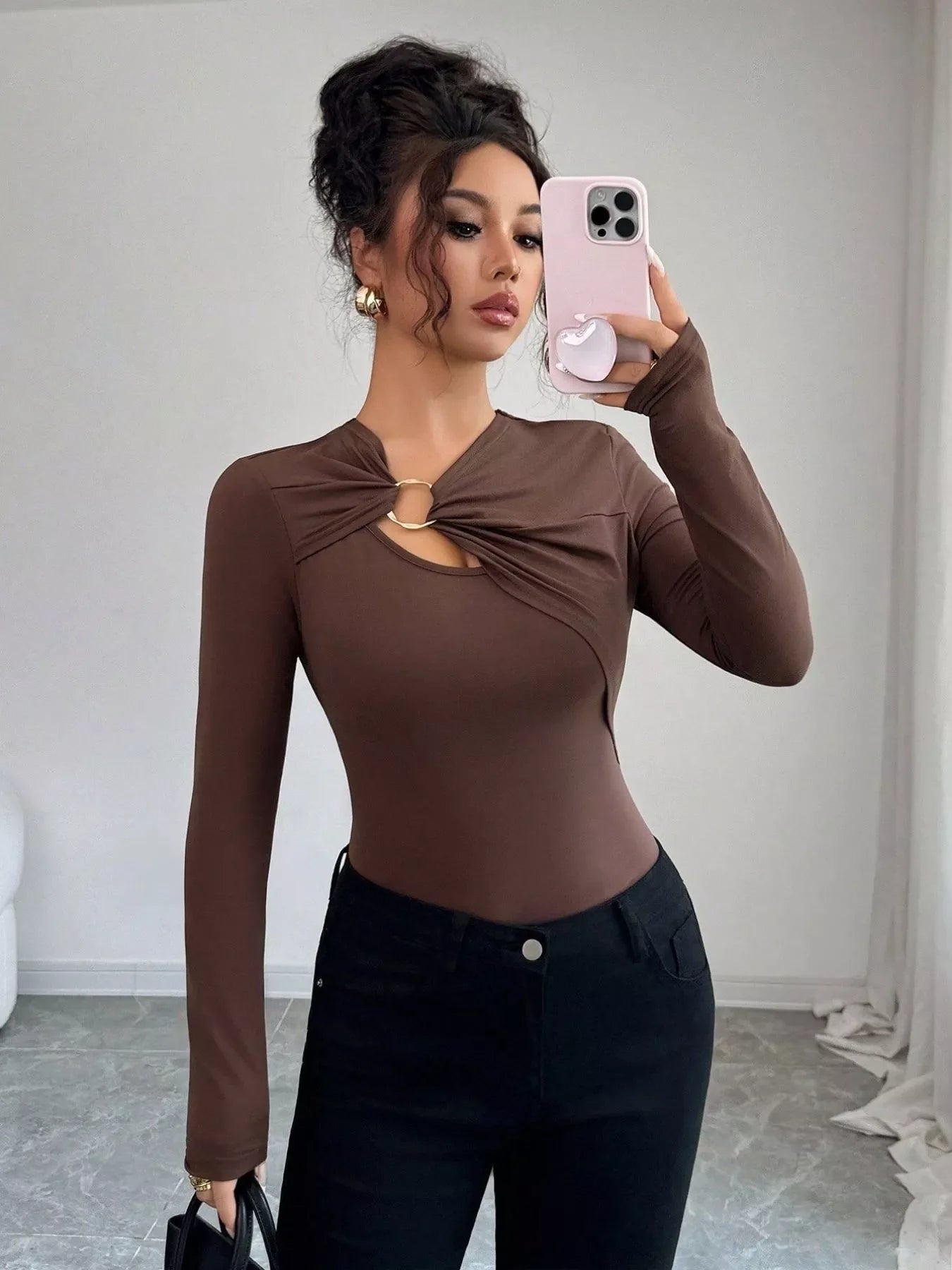 Twist Front Ring Detail Long Sleeve T-Shirt Simply Love