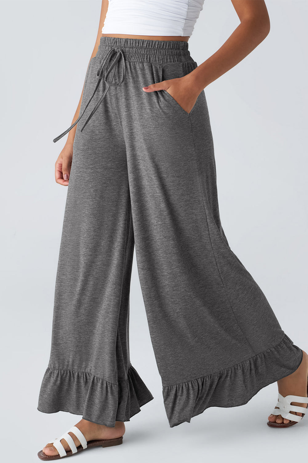 Medium Grey Ruffled Wide Leg High Waist Pants With Pockets Dear-Lover Dropshipping