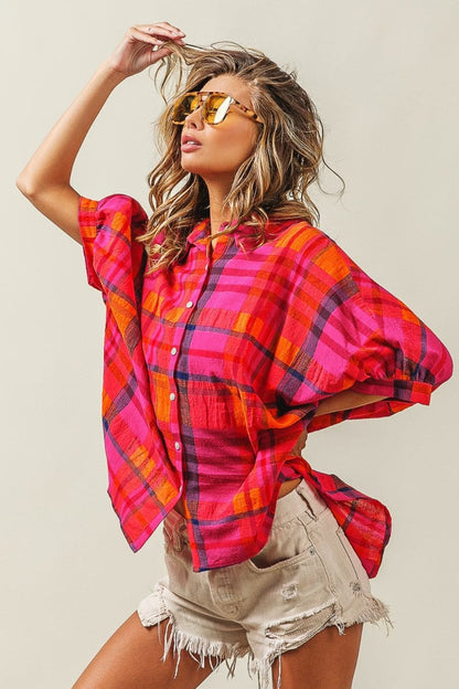 BiBi Button Up Dolman Sleeve Plaid Shirt.