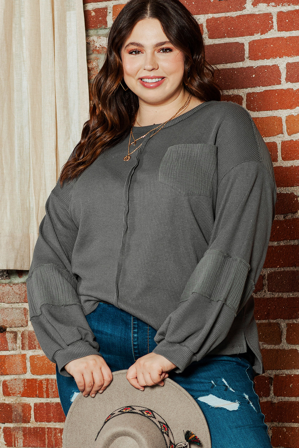 Chic dark grey plus size crinkle patchwork top with exposed seams