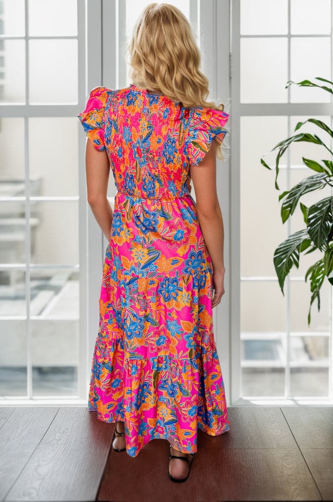 Printed V-Neck Cap Sleeve Pocketed Midi Dress.