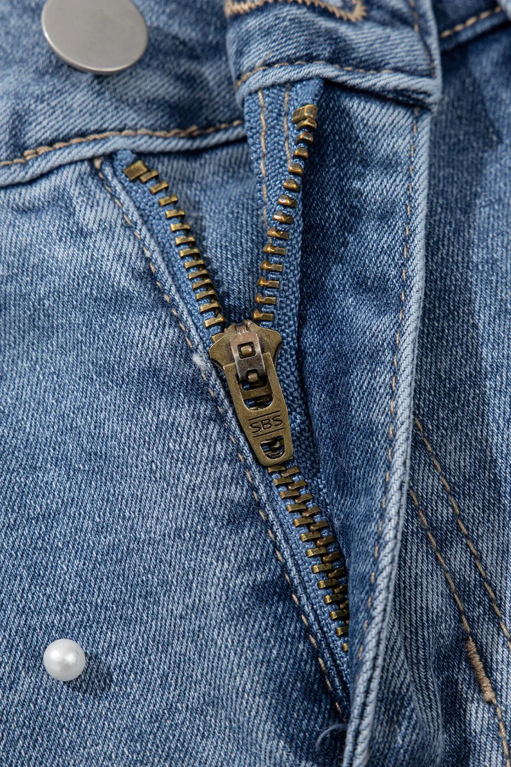 Pearl Beaded Raw Hem Wash Denim Shorts