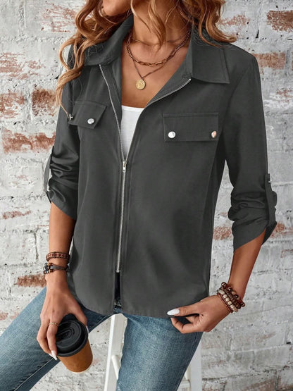 Zip Up Collared Neck Roll-Tab Sleeve Jacket