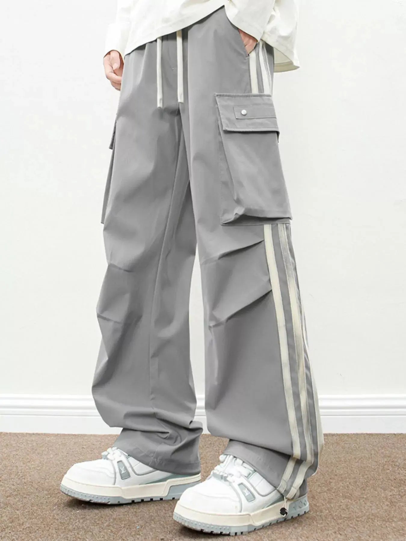 Men's Plus Size Casual Loose Cargo Pants with Side Stripes Simply Love