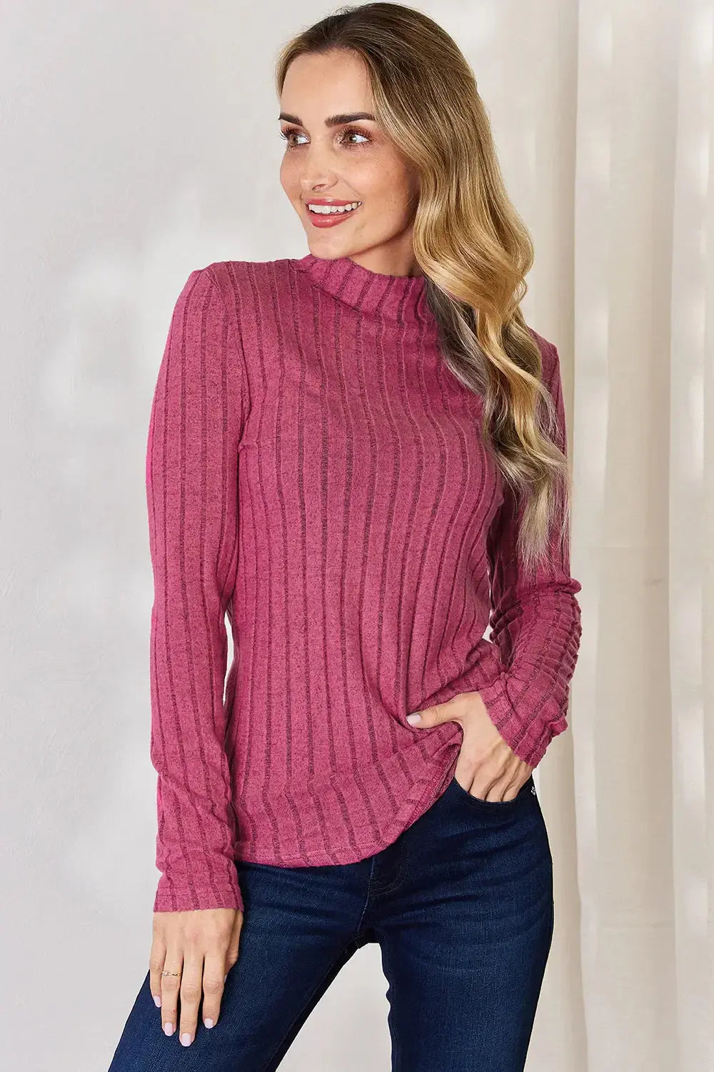 Basic Bae Full Size Ribbed Mock Neck Long Sleeve T-Shirt - Love Salve