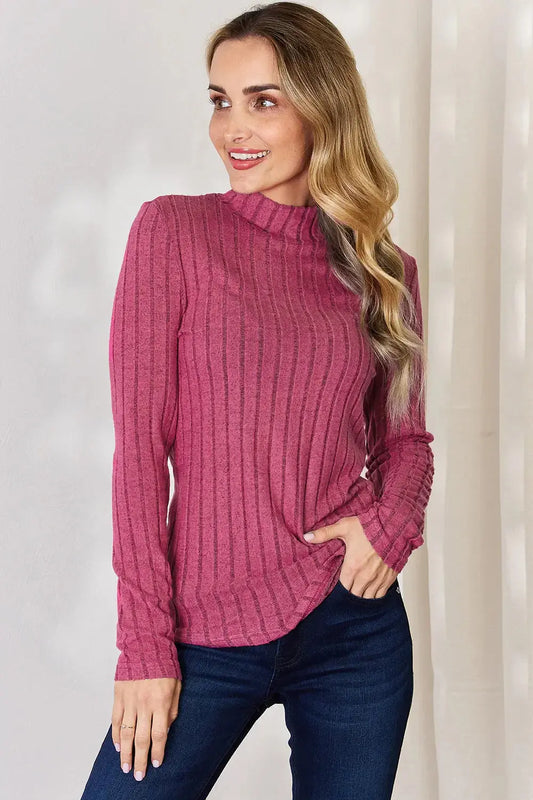 Basic Bae Full Size Ribbed Mock Neck Long Sleeve T-Shirt - Love Salve