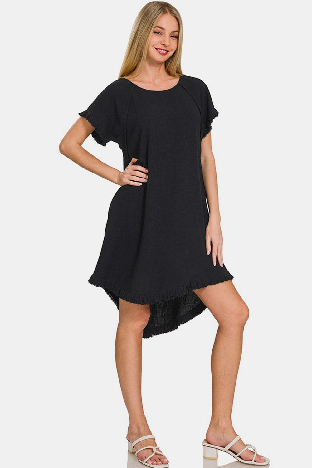 Zenana Fringe Edge High Low Flowy Dress with Pockets.