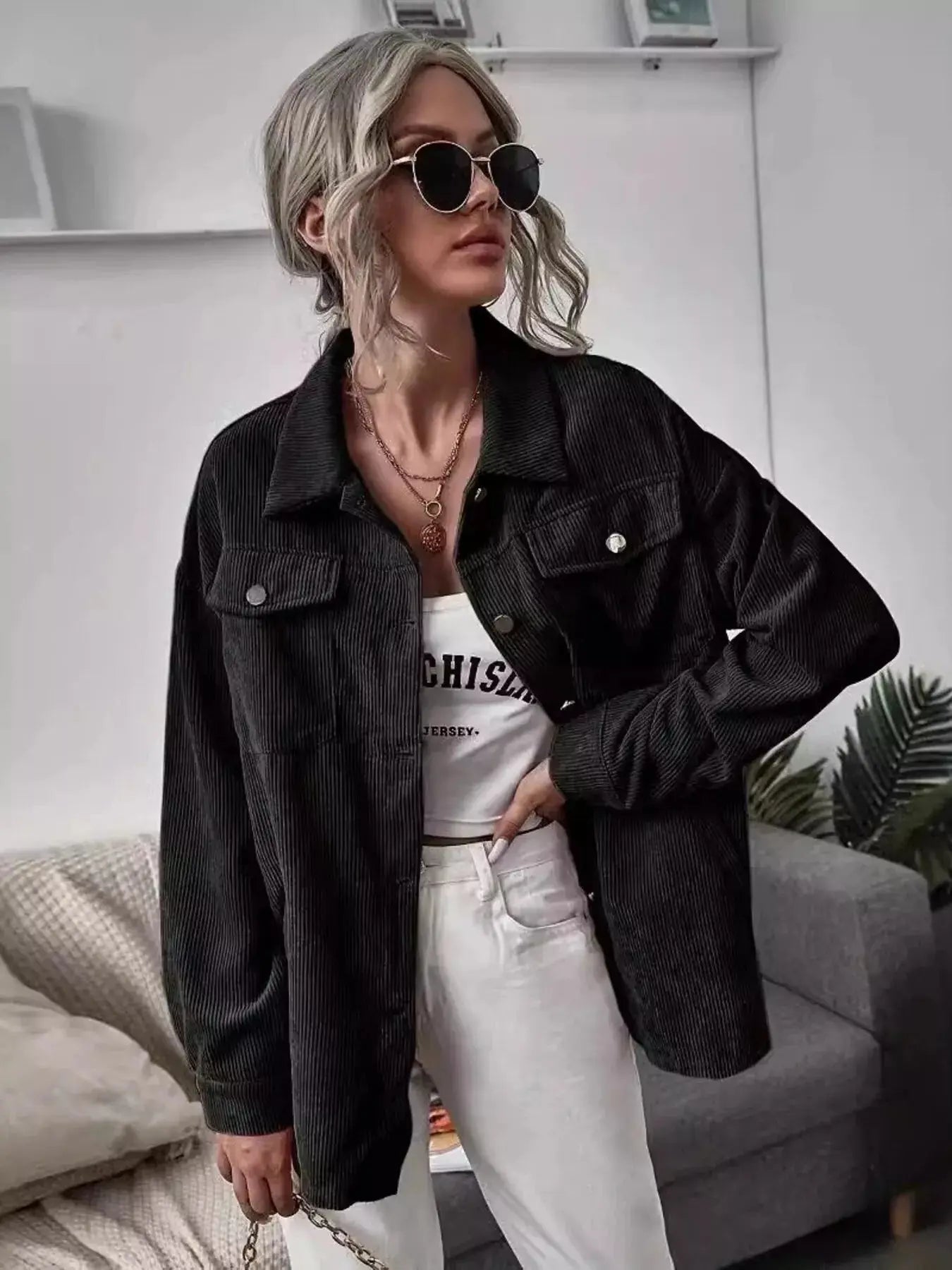 Casual Corduroy Button-Up Shacket Simply Love