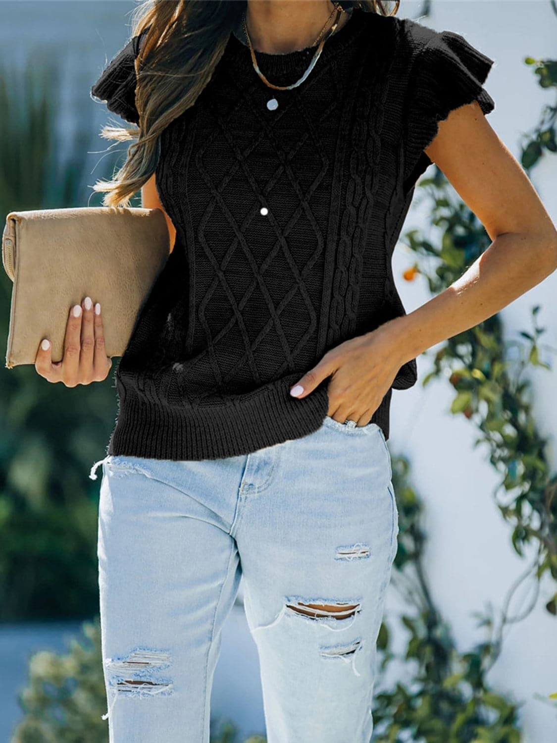 Round Neck Cap Sleeve Sweater.