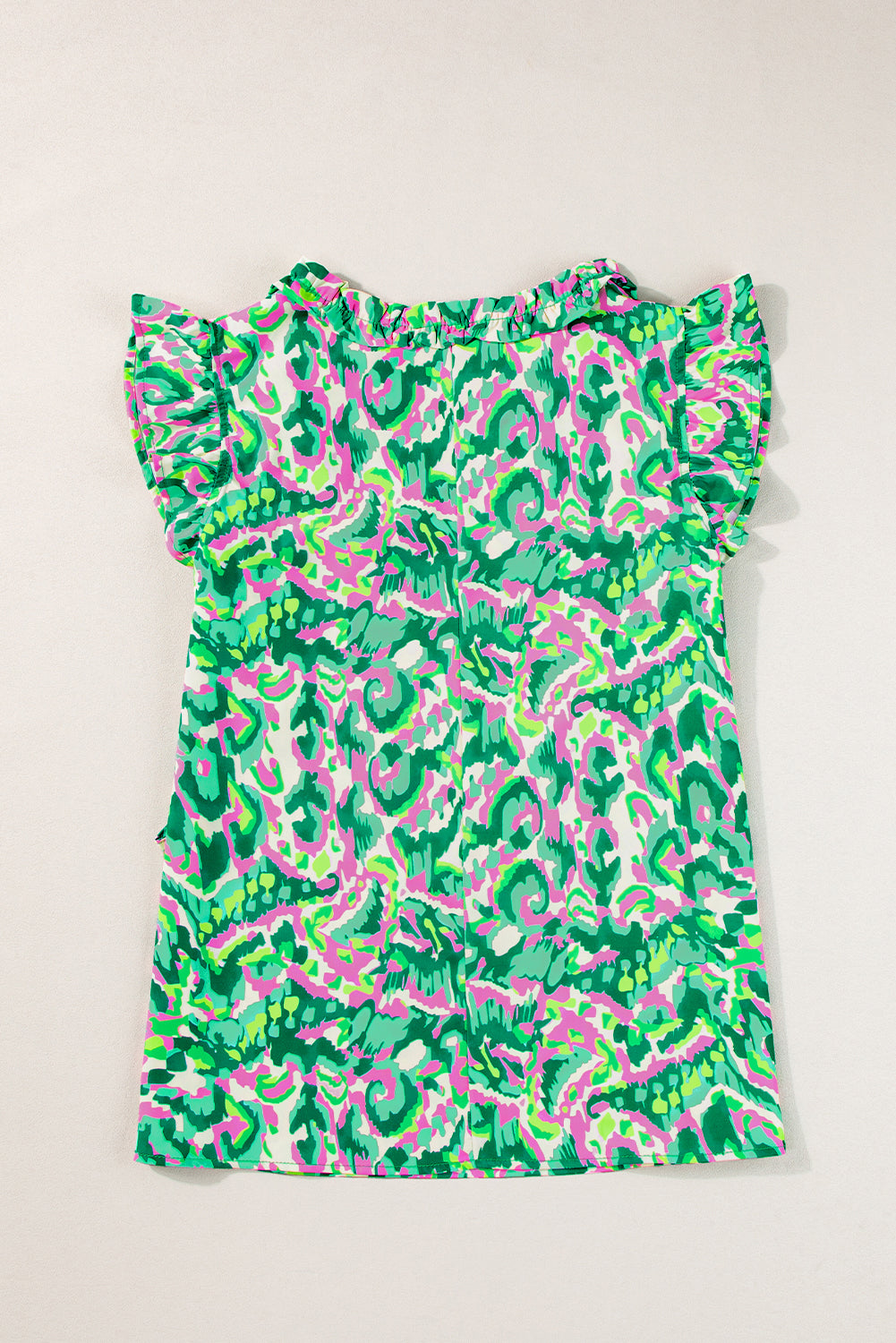 Chic green abstract print ruffled tank top with tied neckline