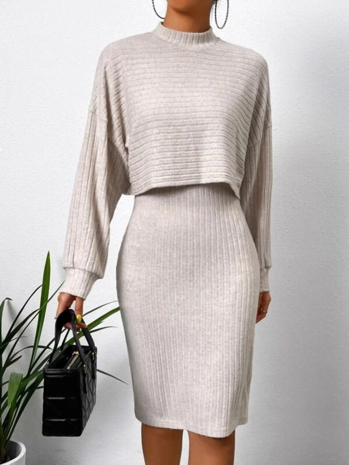 Mock Neck Long Sleeve Top with Wide Strap Dress Combo Set