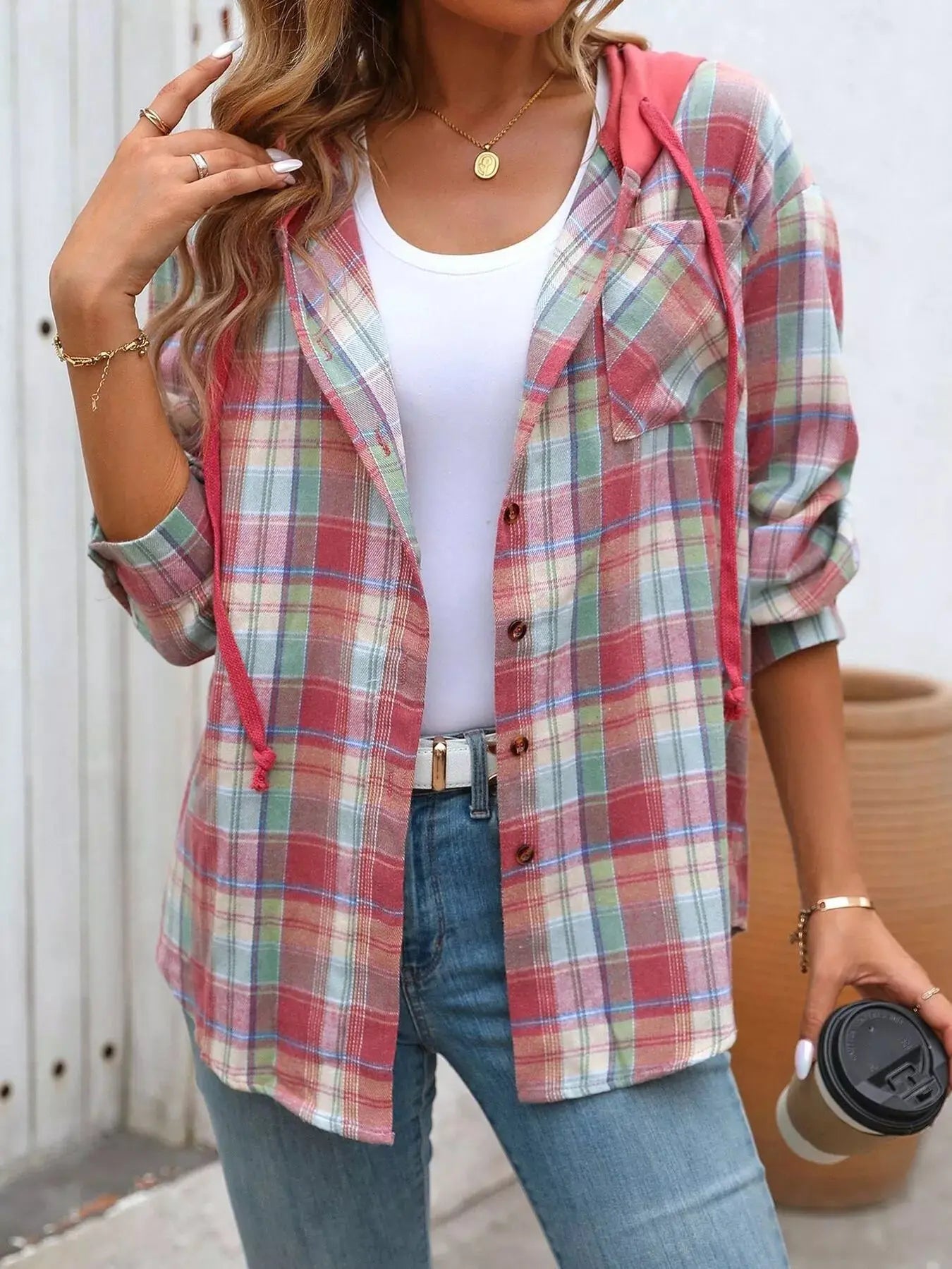 Hooded Plaid Button-Up Shirt Simply Love