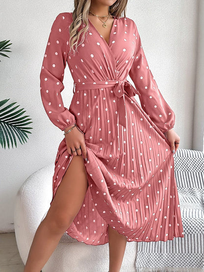 Tied Polka Dot Long Sleeve Midi Dress.