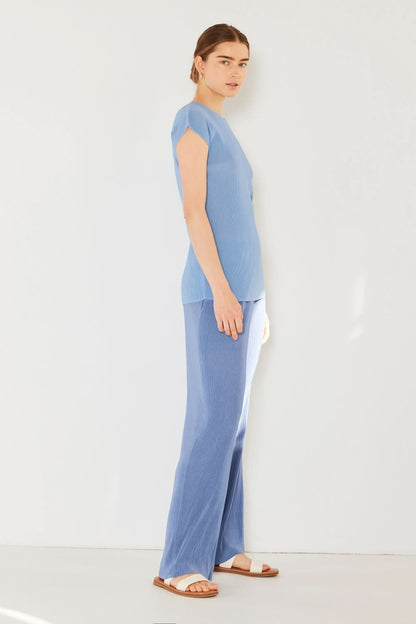 Ribbed Pleated Wide-Leg Trousers with Elastic Waist