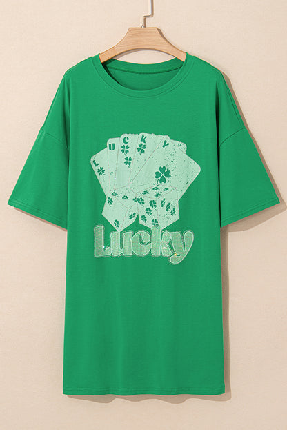 Bright Green Rhinestone Lucky Poker Cards Mini Dress T Shirt