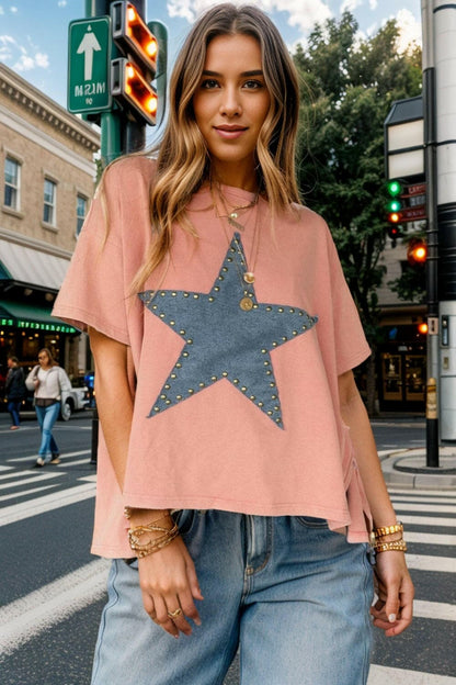 Studded Star Round Neck Short Sleeve T-Shirt.