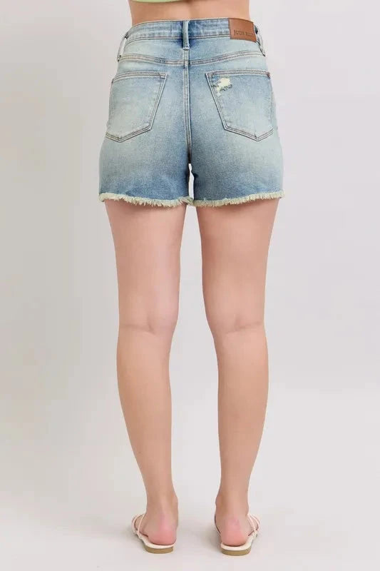 Judy Blue High Rise Washed Fly Stitch Detail and Destroy Denim Shorts Coco’s Tee Boutique