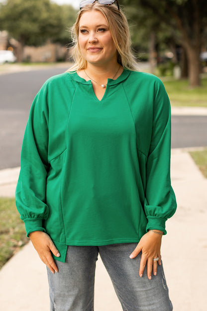 Chic bright green notch neck plus size sweatshirt with exposed seams