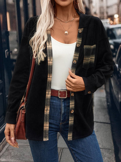 Hooded plaid shacket with pockets