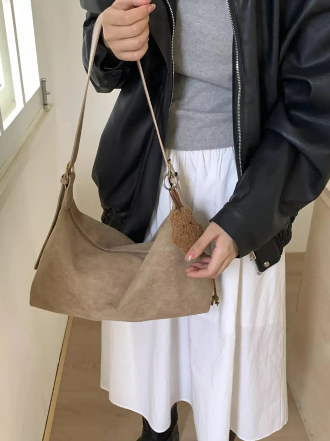 Solid Color Suede Hobo Crossbody Bag Simply Love