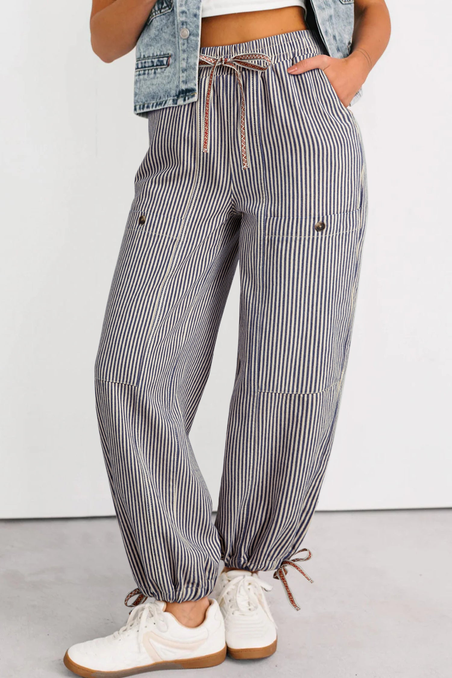 Khaki Stripe Button Patch Pocket Drawstring Elastic Waist Loose Pants Dear-Lover Dropshipping