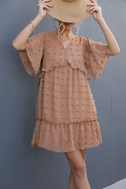 Swiss Dot V-Neck Flutter Sleeve Mini Dress.