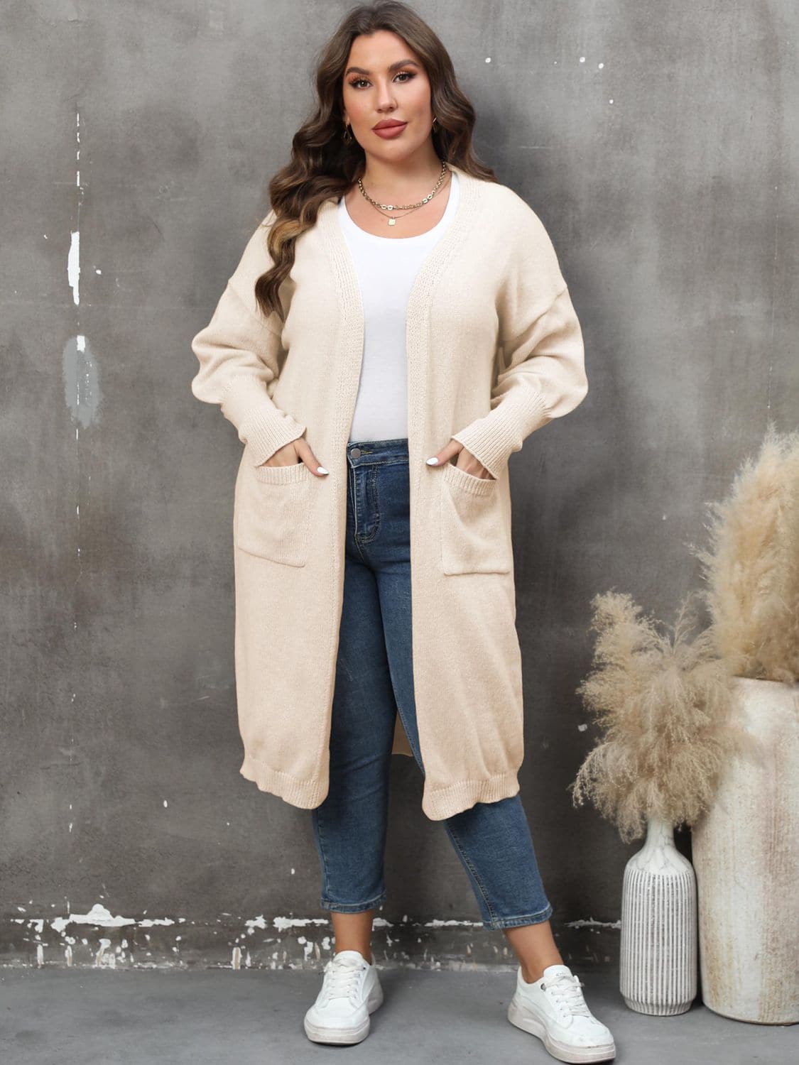 Plus Size Long Sleeve Pocketed Cardigan.