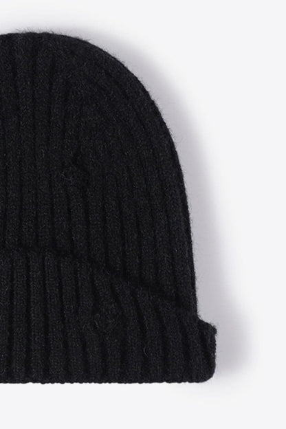 Distressed Rib-Knit Beanie.