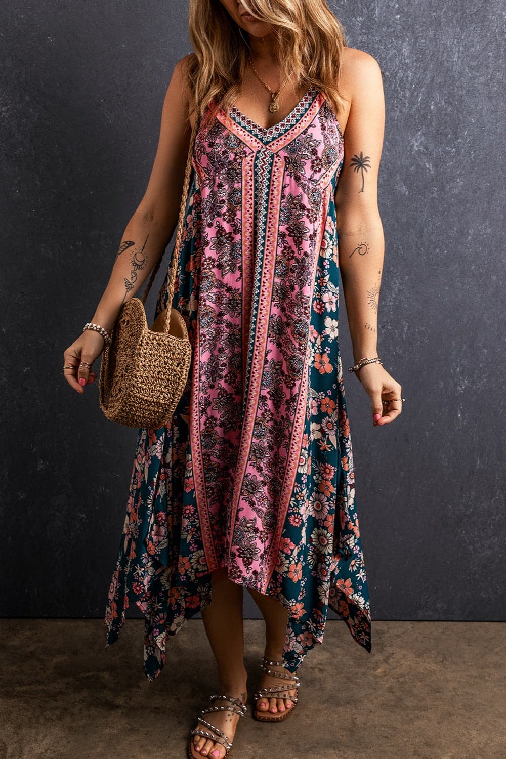 Printed V-Neck Midi Cami Dress.