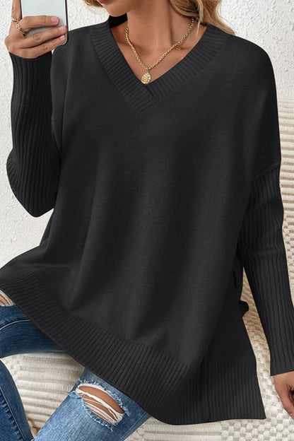 Slit V-Neck Dropped Shoulder Sweater.